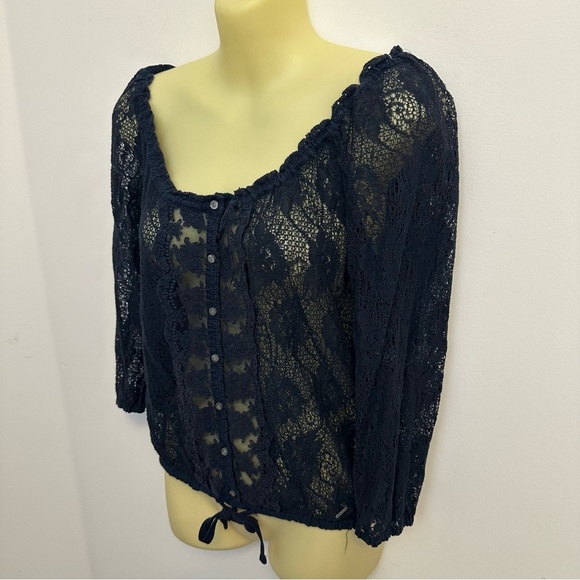 Hollister Navy Semi-Sheer Floral Knit Blouse - Picture 1 of 7